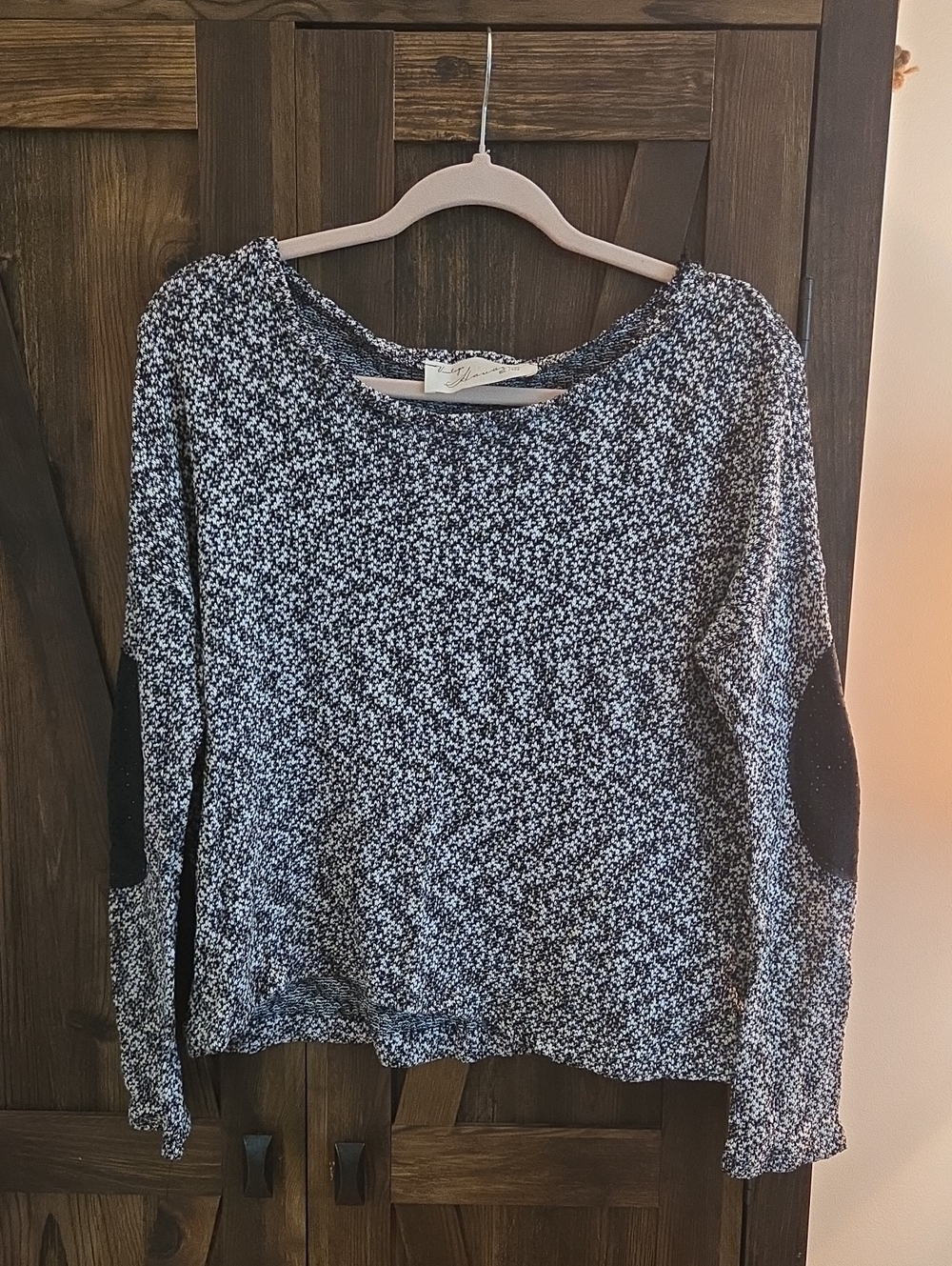 Vintage Havana Black and White Marled Crewneck Sweater with Black Elbow Patches